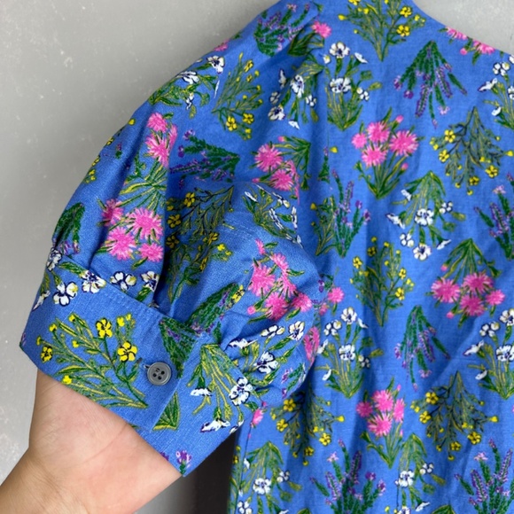 LOFT size 10 U neck puff sleeve short dress fit & flare blue floral linen blend - Picture 6 of 13